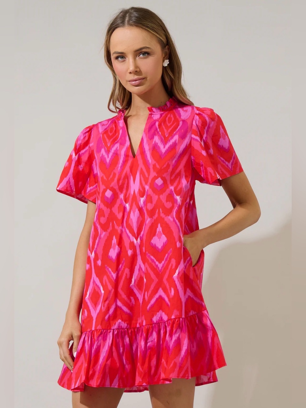 SugarLips Red Pink Ikat Mini Dress XS Cotton Pockets Ruffle Hem Short Sleeve